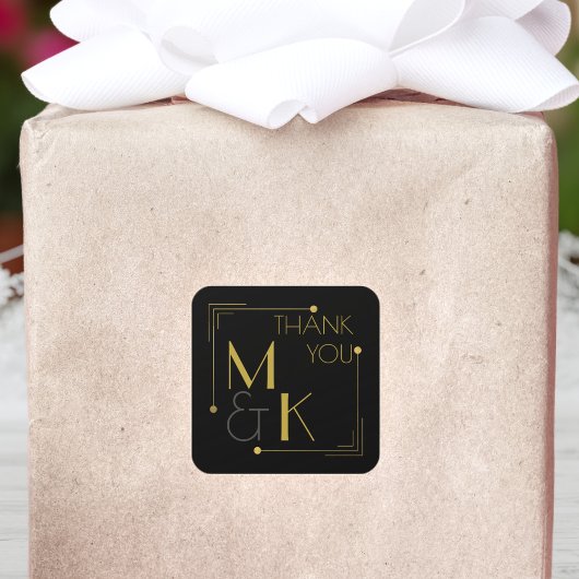 アールデコ結婚のブラック金ゴールドありがとうステッカー スクエアシール