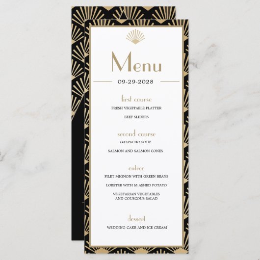 アールデコ結婚のブラック金ゴールド20年代ヴィンテージ メニュー (正面/裏面)
