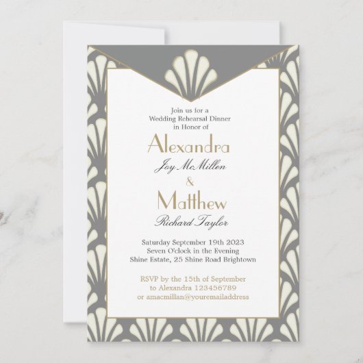 アールデコ結婚のリハーサルディナーグレーヴィンテージ 招待状 (正面)