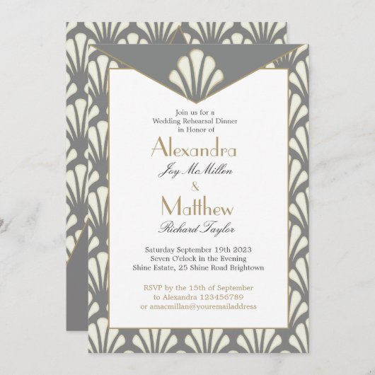 アールデコ結婚のリハーサルディナーグレーヴィンテージ 招待状 (正面/裏面)