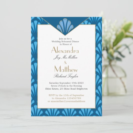 アールデコ結婚のリハーサルディナーブルーヴィンテージ 招待状 (スタンド正面)