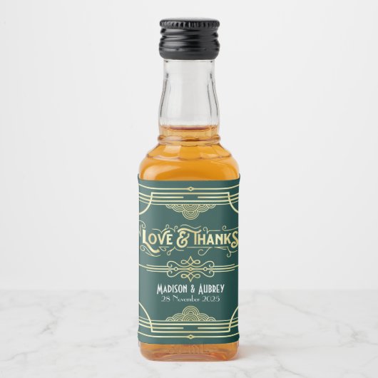 アールデコ結婚の愛と感謝してい金ゴールドグリーンの好意 リキュールボトルラベル (正面)