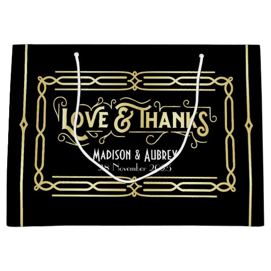 アールデコ結婚の愛と感謝してい金ゴールドブラックの好意 ラージペーパーバッグ (正面)