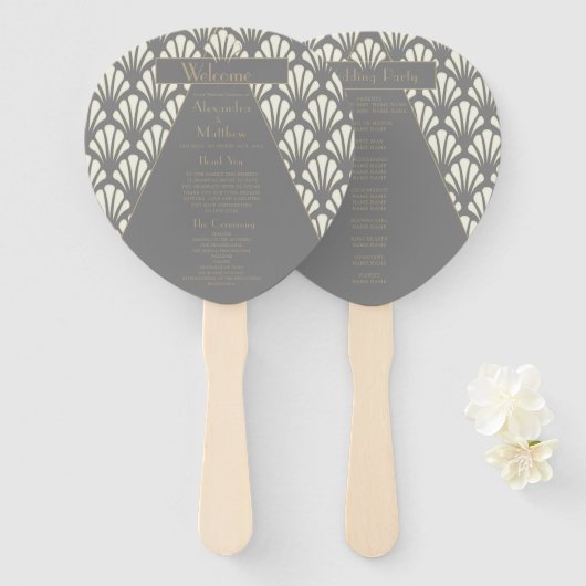 アールデコ結婚の灰色の轟音20代ヴィンテージ ハンドファン (正面&裏面)