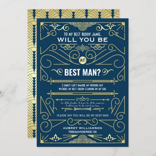 アールデコ結婚の花婿介添人金ゴールドブルー 招待状 (正面/裏面)