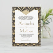 アールデコ結婚の金ゴールドの揺れる20代モノグラム 招待状 (スタンド正面)