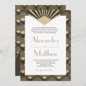 アールデコ結婚の金ゴールドの揺れる20代モノグラム 招待状 (正面/裏面)