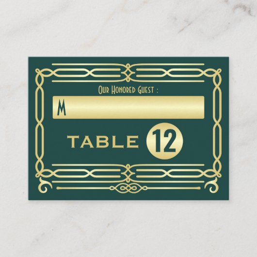 アールデコ結婚の金ゴールドグリーンエレガント設定エスコート プレイスカード (正面)