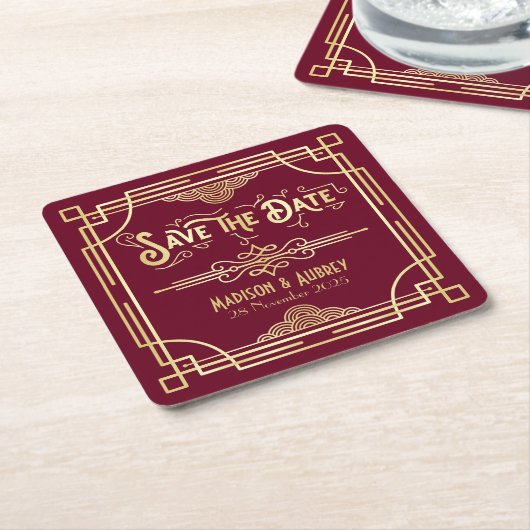 アールデコ結婚の金ゴールドブルゴーニュ日付を保存 スクエアペーパーコースター (アングル)