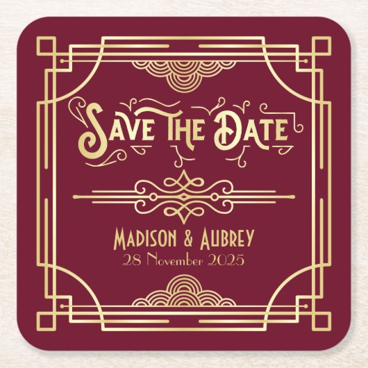 アールデコ結婚の金ゴールドブルゴーニュ日付を保存 スクエアペーパーコースター (正面)