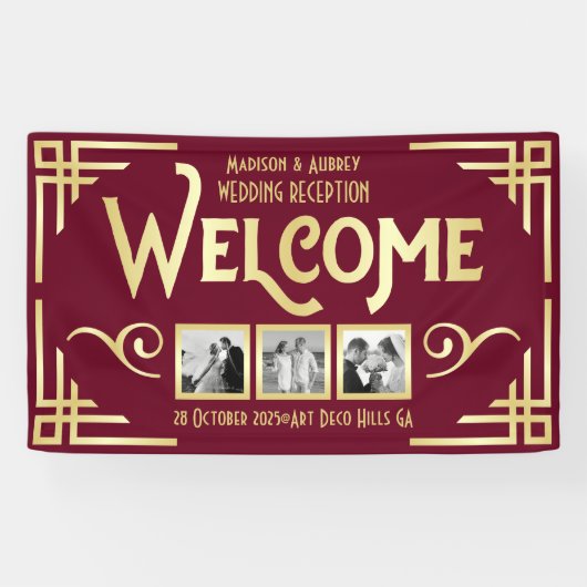 アールデコ結婚の金ゴールドブルゴーニュ3枚の写真へようこそ 横断幕 (横)