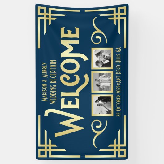 アールデコ結婚の金ゴールドブルー3枚の写真へようこそ 横断幕 (縦)