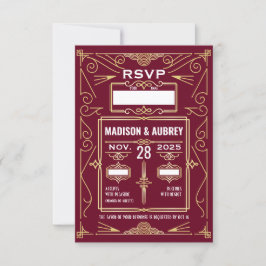 アールデコ結婚の金ゴールドBurgundy RSVP応答 出欠カード