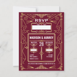 アールデコ結婚の金ゴールドBurgundy RSVP応答 招待状