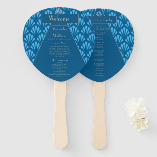 アールデコ結婚の青い轟音20代ヴィンテージ ハンドファン (正面&裏面)