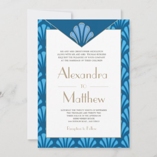 アールデコ結婚の青い轟音20代ヴィンテージ 招待状 (正面)