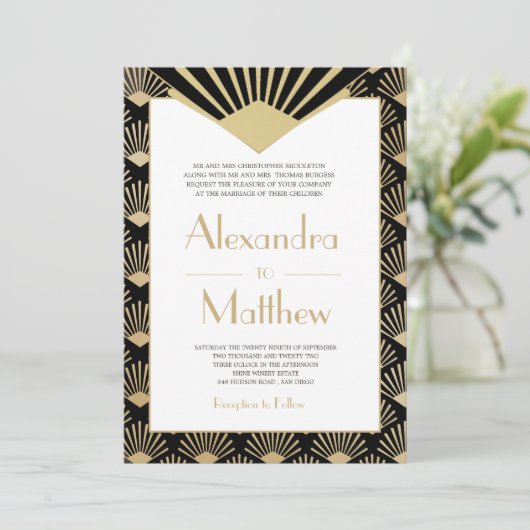 アールデコ結婚の黒い金ゴールドの轟音 招待状 (スタンド正面)
