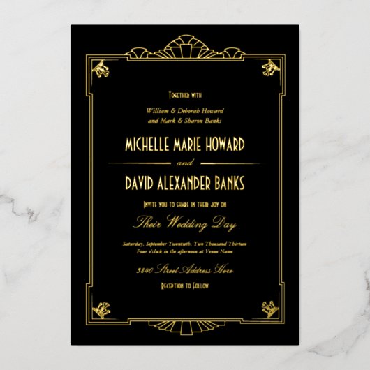 アールデコ結婚スタイル金ゴールド 箔招待状 (正面)