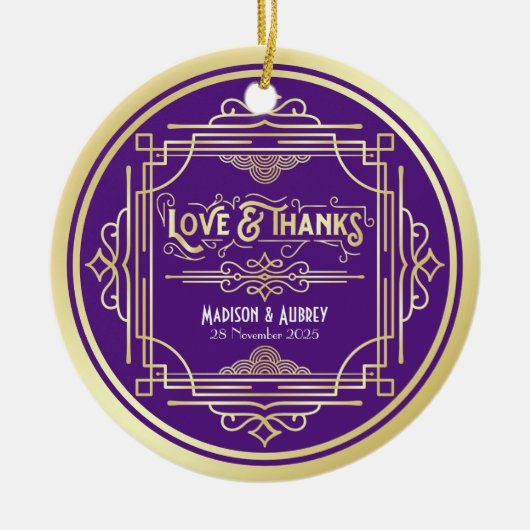 アールデコ結婚ズラブ&感謝してい金ゴールド王室のブルー セラミックオーナメント (正面)