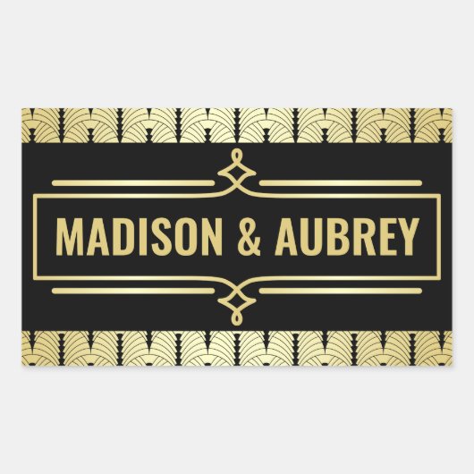 アールデコ結婚式の引き出物あなたの名前金ゴールドブラックギャツビー 長方形シール (正面)