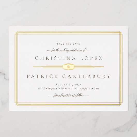 アールデコ結婚式の日付の保存 箔招待状 (正面)