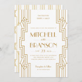 アールデコ結婚式招待状金ゴールドホワイトゲイカップル 招待状 (正面/裏面)