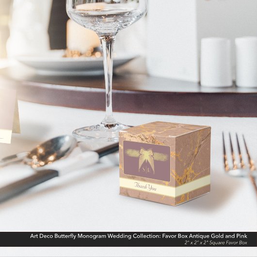 アールデコ結婚蝶のアンティーク金ゴールドとピンク フェイバーボックス
