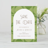 アールデコ緑の日付保存結婚日 招待状 (スタンド正面)