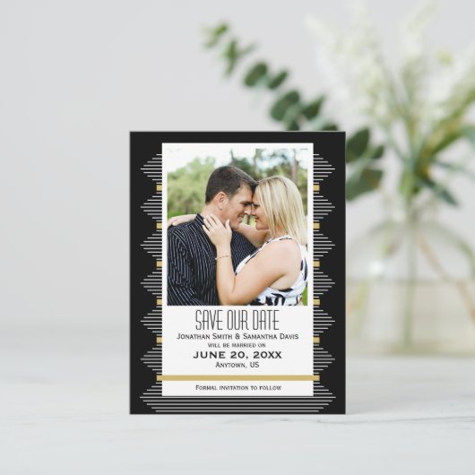 アールデコ線黒と金ゴールド写真日付の保存 案内ポストカード (スタンド正面)