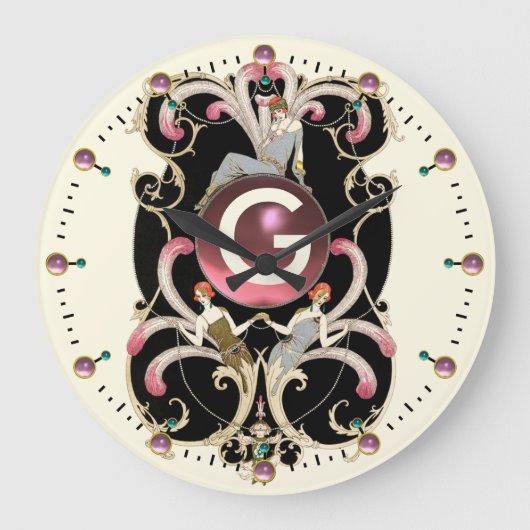 アールデコ美しいファッションピンクジェムストーンモノグラム ラージ壁時計 (正面)