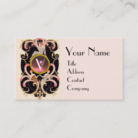 アールデコ美しいファッションピンクジェムストーンモノグラム 名刺 (正面)