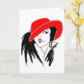 アールデコ美しい女性レッドハット カード (黄色い花)