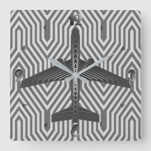 アールデコ航空機、黒鉛及び銀灰色 スクエア壁時計