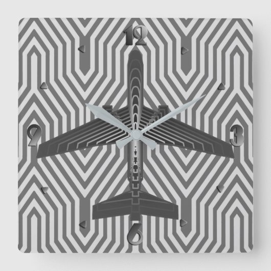 アールデコ航空機、黒鉛及び銀灰色 スクエア壁時計 (正面)