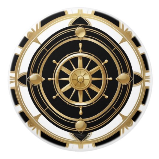 アールデコ船舶用車輪白黒金ゴールド 航海の セラミックノブ (正面)