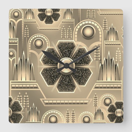 アールデコ花柄ヴィンテージフローラ幾何学模様 スクエア壁時計 (正面)