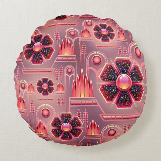 アールデコ花柄ヴィンテージフローラ幾何学模様 ラウンドクッション (正面)