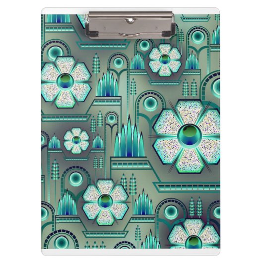 アールデコ花柄ヴィンテージ幾何学的グリーン クリップボード (正面)