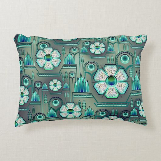アールデコ花柄ヴィンテージ幾何学緑色 アクセントクッション (正面)