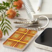 アールデコ茶色と黄色の正方形パターン キーホルダー (正面右)
