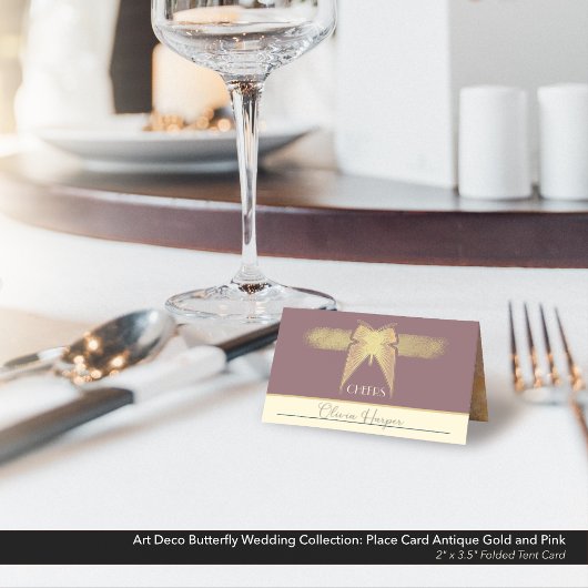 アールデコ蝶結婚のアンティーク金ゴールドピンクテント プレイスカード