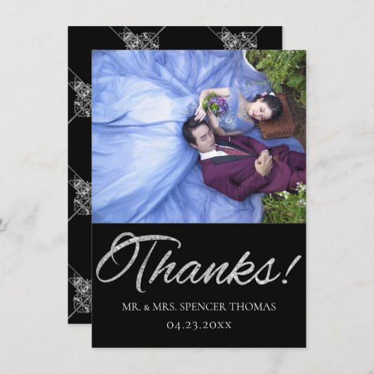 アールデコ装飾 |ブラックとシルバーの幾何学模様 サンキューカード (正面/裏面)