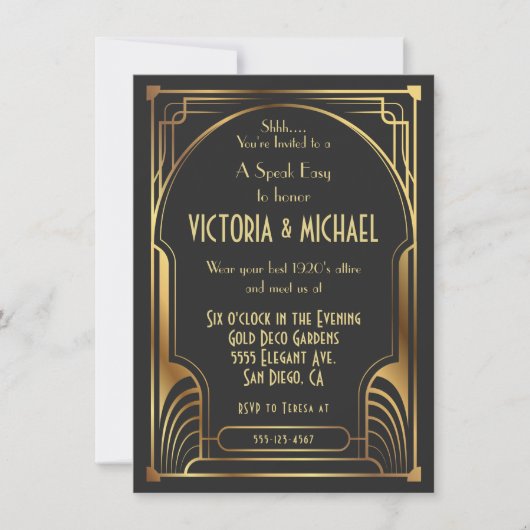 アールデコ話新しい簡単パーティー金ゴールド&ブラック 招待状 (正面)