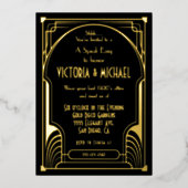 アールデコ話新しい簡単パーティー金ゴールド&ブラック 箔招待状 (正面)