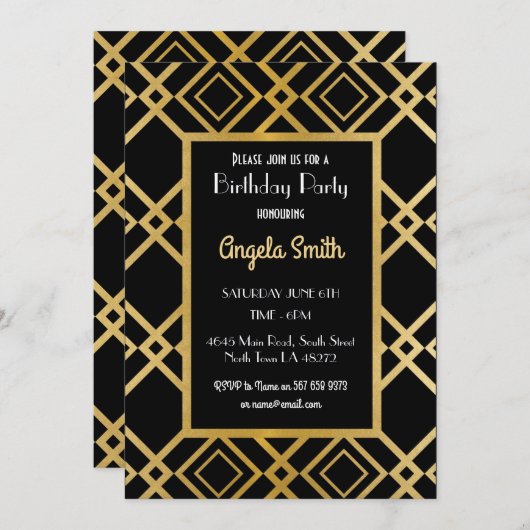 アールデコ誕生日パーティ招待状金ゴールドブラック1920s 40 招待状 (正面/裏面)