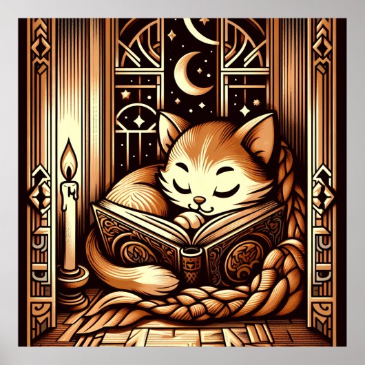アールデコ調のクラシカルな眠り猫と本 ポスター (正面)