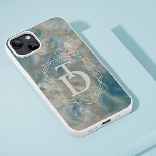 アールデコ調のターコイズとオレンジの大理石モノグラム iPhone 15ケース