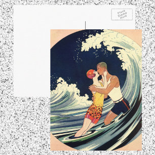 アールデコ調のビンテージアートが描く恋人たちが海の波間でキス ポストカード