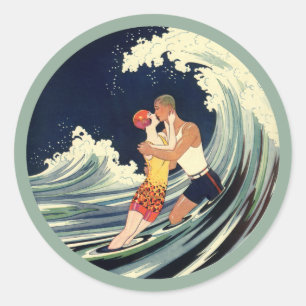 アールデコ調のビンテージアートが描く恋人たちの海辺のキス ラウンドシール