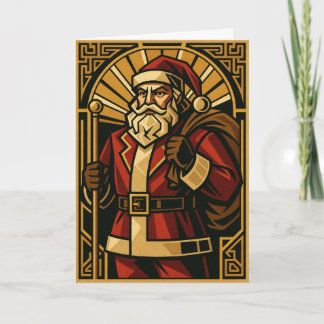 アールデコ調のビンテージサンタの赤と金のクリスマスカード シーズンカード